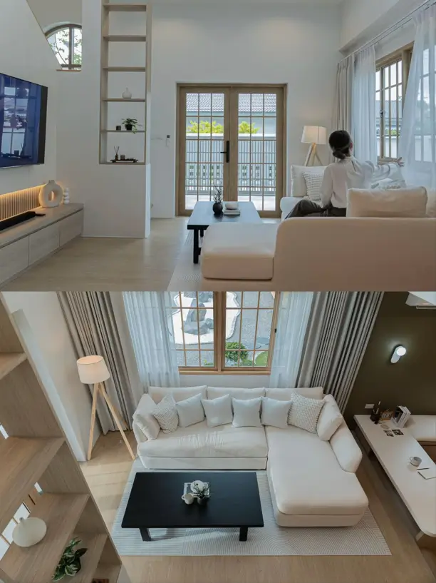 A modern Japandi style living room with minimalist white furniture and a view of the garden.