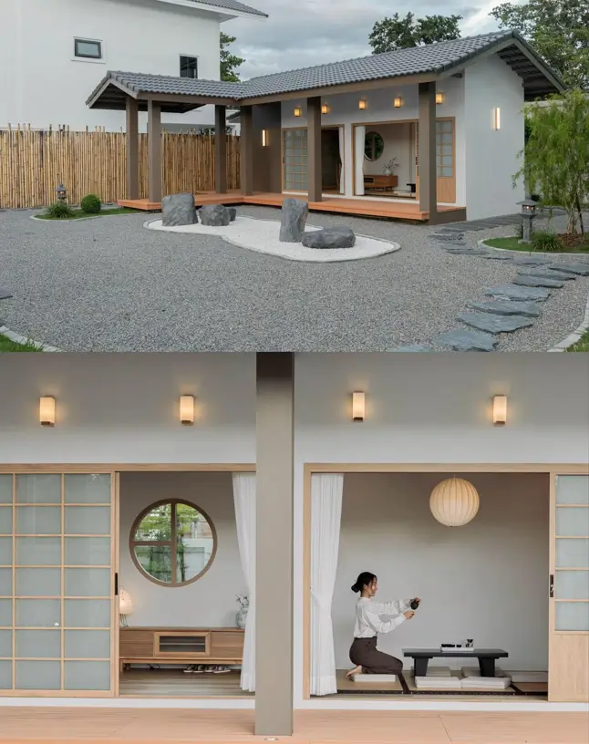 A Japanese style home with shoji screens opening from the interior to an engawa veranda.