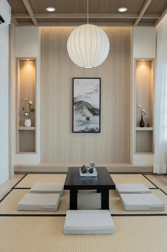 A modern Japanese interior with tatami mat flooring, a low table, and a minimalist art alcove.