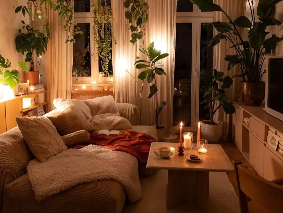 A cozy small apartment living room at night creating a warm ambiance with layered lighting from candles, soft lamps, and lush houseplants.