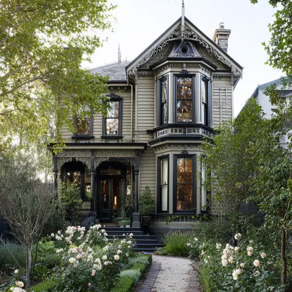 A modern Victorian style house with a sophisticated dark trim, a classic bay window, and a romantic cottage garden path leading to the front porch.