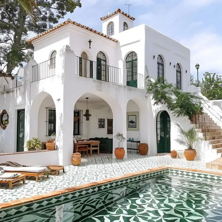 31 Mediterranean House Design Ideas for Effortless Elegance 2 A stunning white stucco Mediterranean house with graceful arches, a tiled pool, and an inviting outdoor living area.