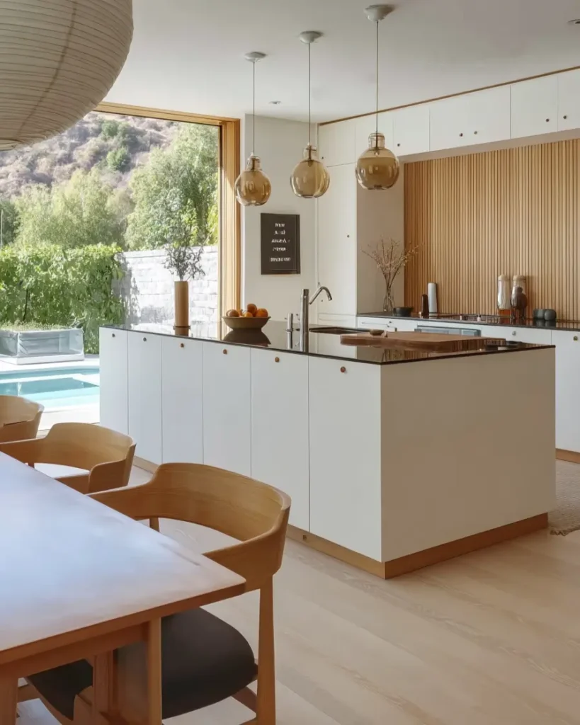 Bright contemporary Scandinavian kitchen featuring white island, wood slat backsplash, and glass pendant lights.