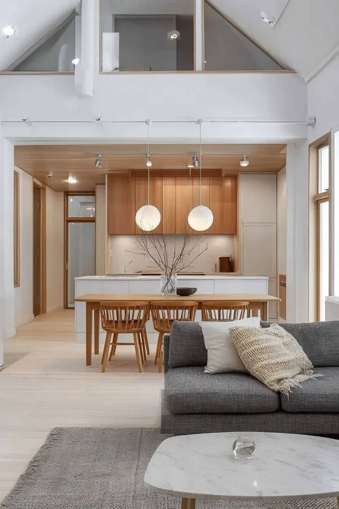 An open-plan contemporary Scandinavian design interior featuring light wood floors, a dining set, and kitchen cabinets, with a grey sofa in the foreground.