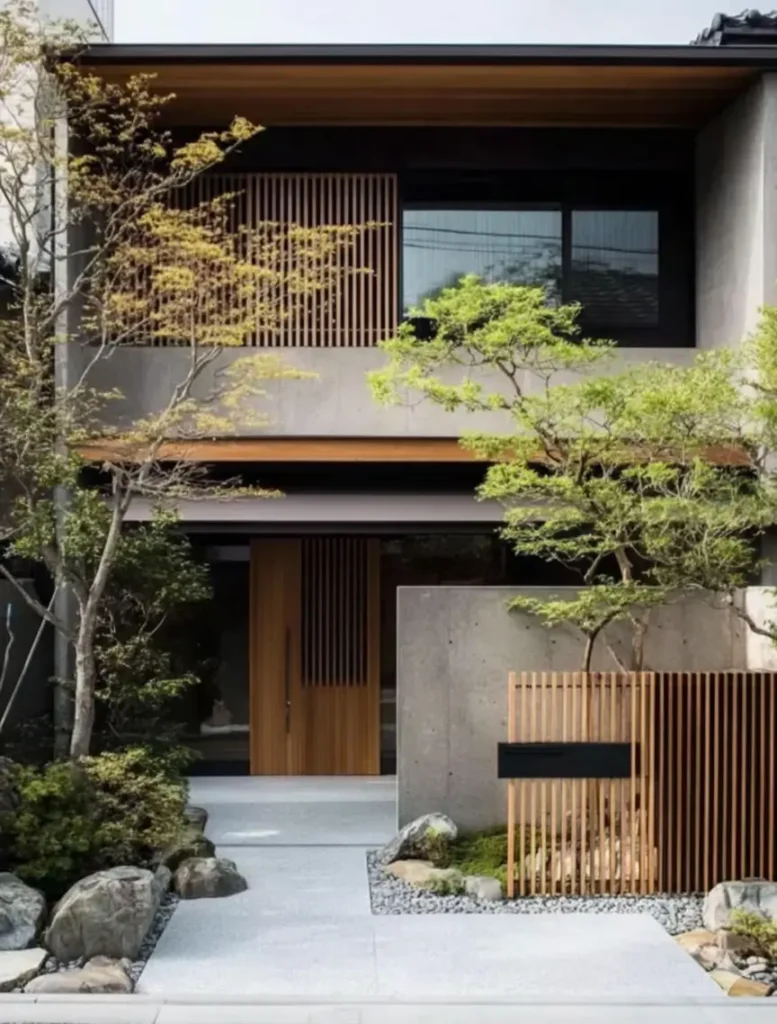 A Japandi style home exterior blending concrete walls, natural wood slats, and a minimalist entryway.