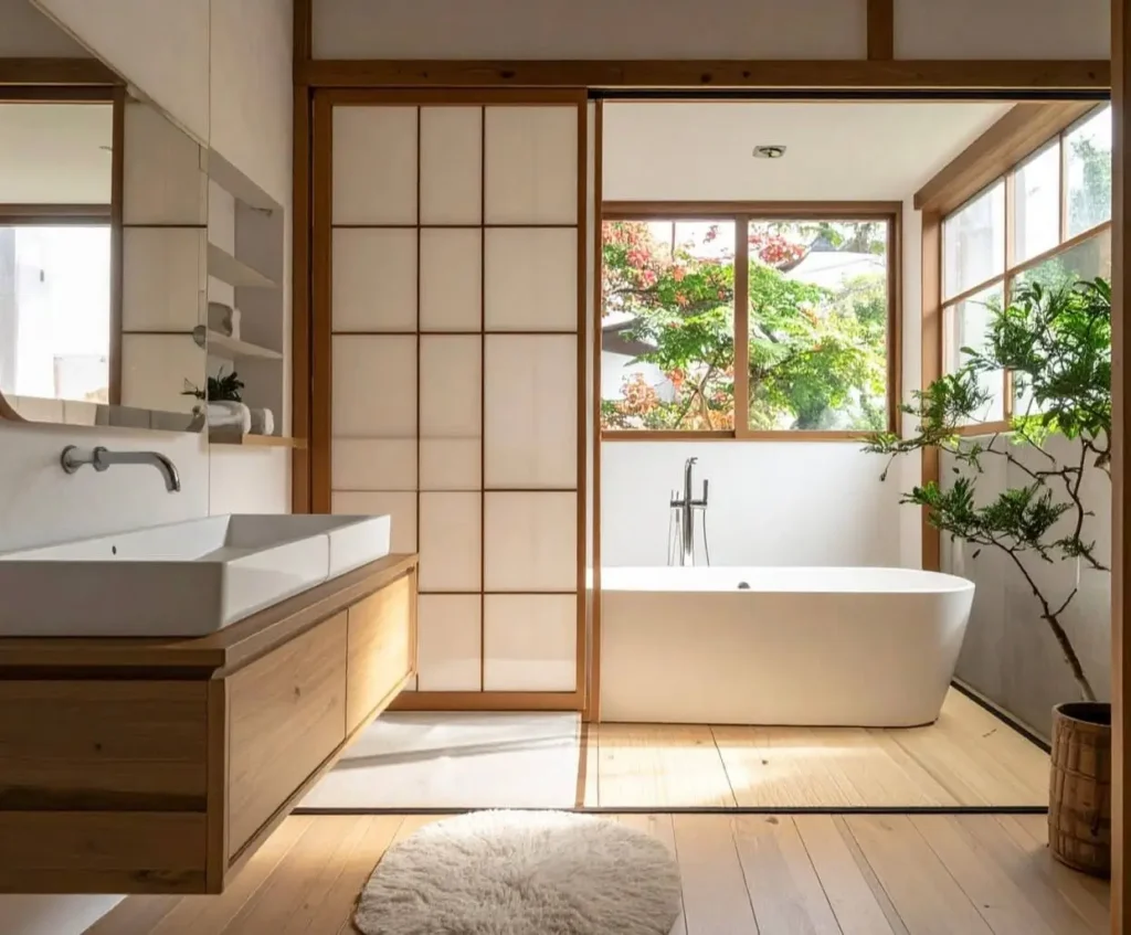 26 Japanese Bathroom Design Ideas for a Serene Home Oasis 3 A bright Japanese bathroom design with a freestanding tub, light wood vanity, and a large window next to a shoji screen.