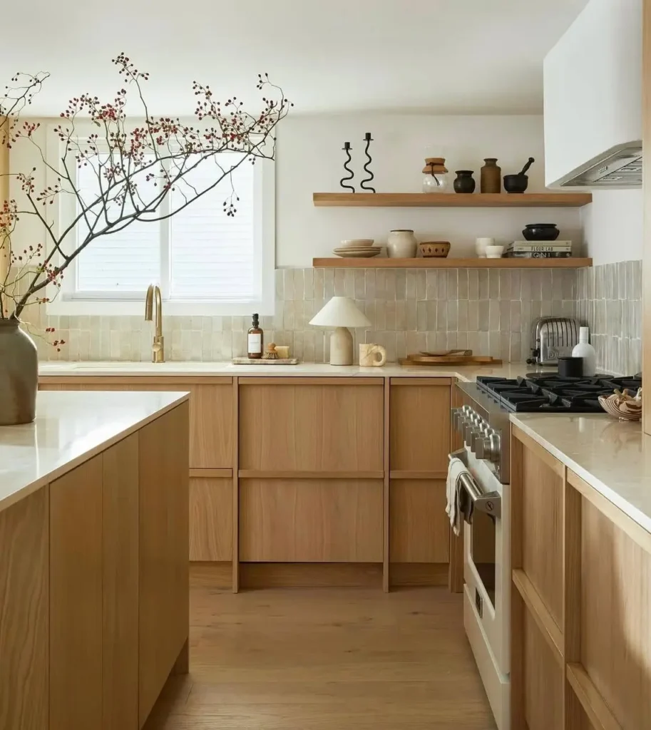 A Japanese inspired kitchen featuring light wood cabinets, open shelving with pottery, and a textured tile backsplash.