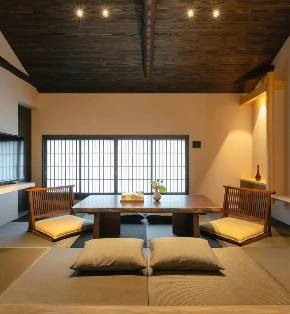 A serene Japanese style living room with tatami flooring, a low wooden table, and zaisu chairs.