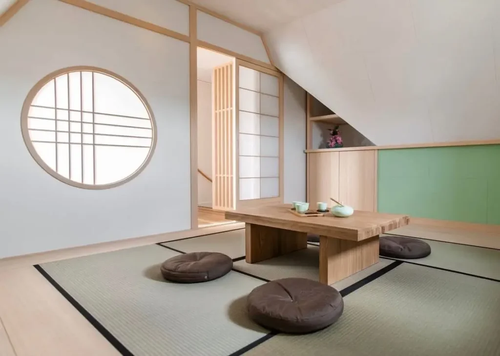 A tranquil Japanese-style room featuring tatami floors, a low table, and a circular window.