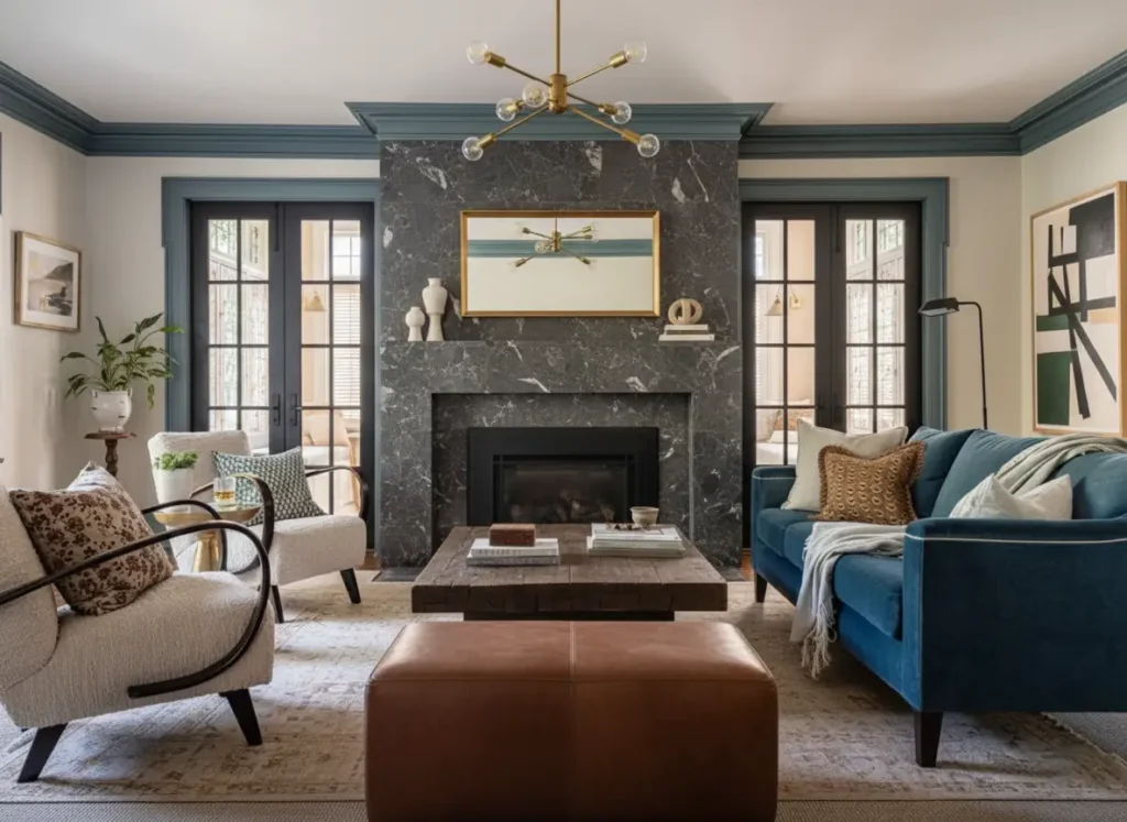 Modern Tudor Interior Design: A Definitive Guide 3 Modern Tudor living room featuring dark blue-gray trim, a black marble fireplace, and a blue velvet sofa.