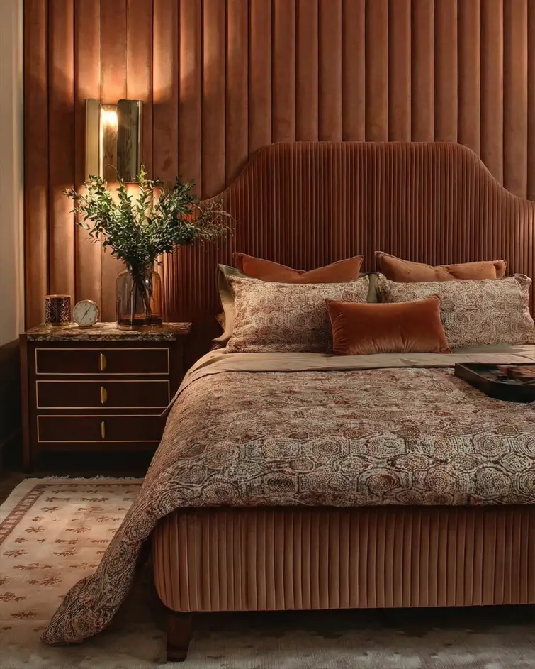 49 Headboard Design Ideas That Instantly Elevate Your Bedroom 3 Rust orange vertical channel tufted velvet headboard extending up the wall with integrated lighting.