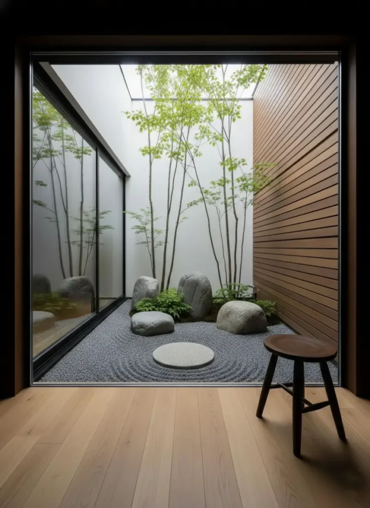 A Japandi style home courtyard with raked gravel, large stones, and slender trees viewed from indoors.