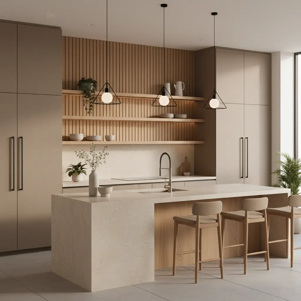 A modern Japanese inspired kitchen with a slatted wood wall, beige cabinets, and a large stone island.