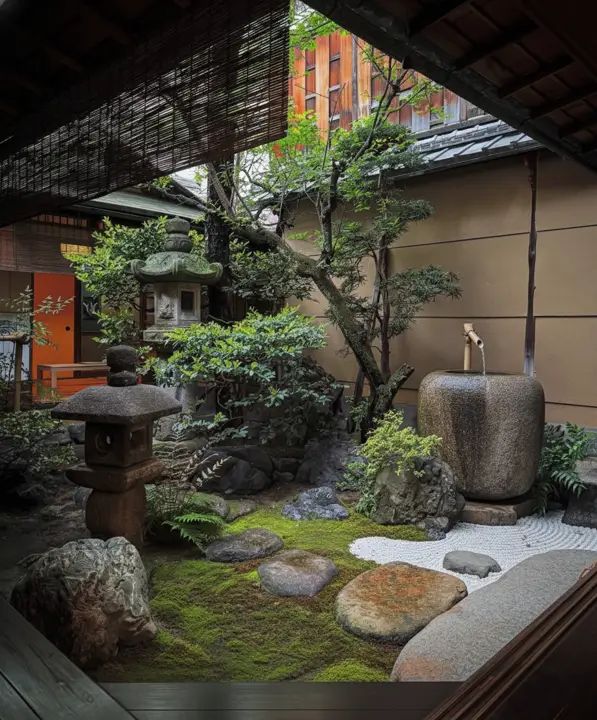 Japanese tea garden courtyard with stone lantern, water basin, and a patch of raked sand.