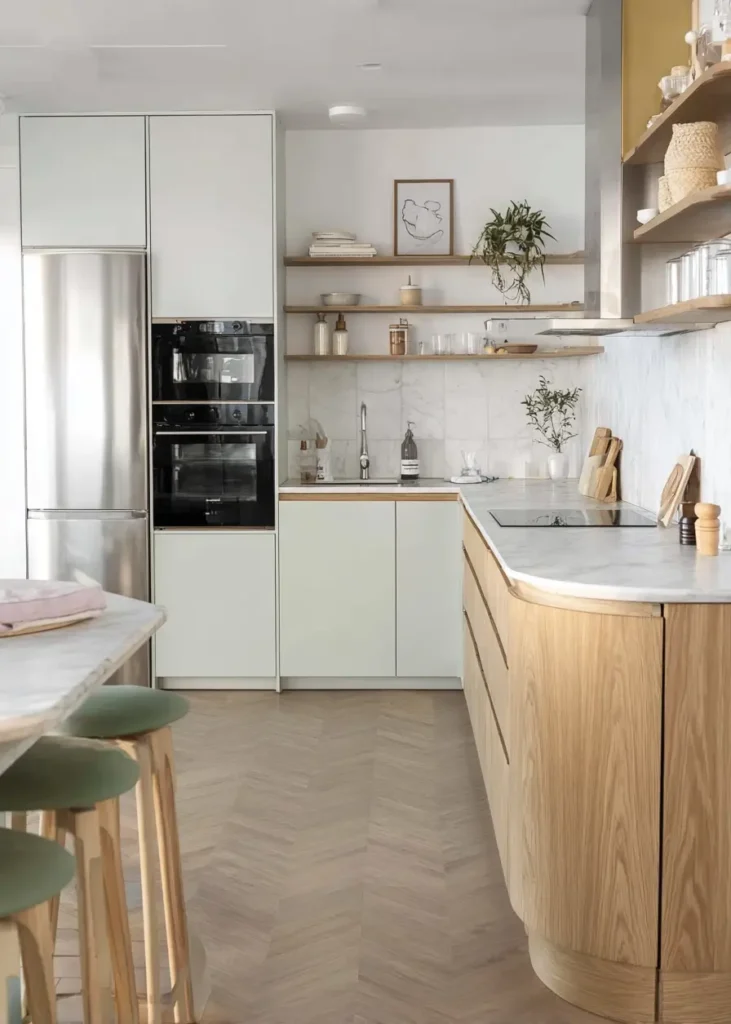 Scandinavian kitchen ideas featuring curved oak cabinets and marble countertops.