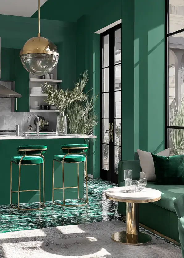 Luxurious open-plan room with monochromatic emerald green paint on walls and velvet stools, accented with brass.