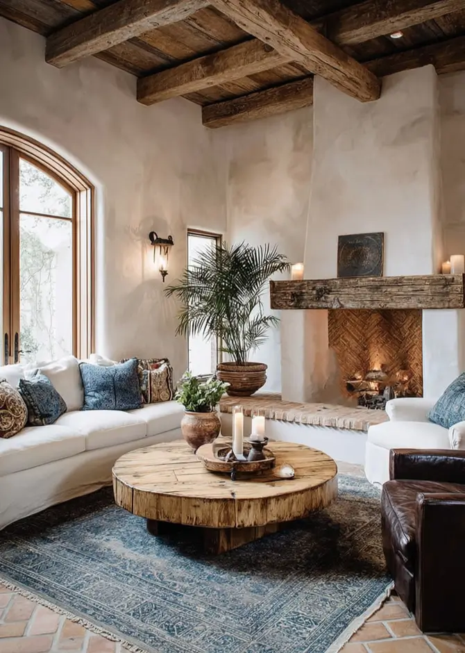 46 Modern Mediterranean Living Room Design Ideas 12 Rustic Mediterranean living room featuring a raw timber mantelpiece and terra cotta floors.