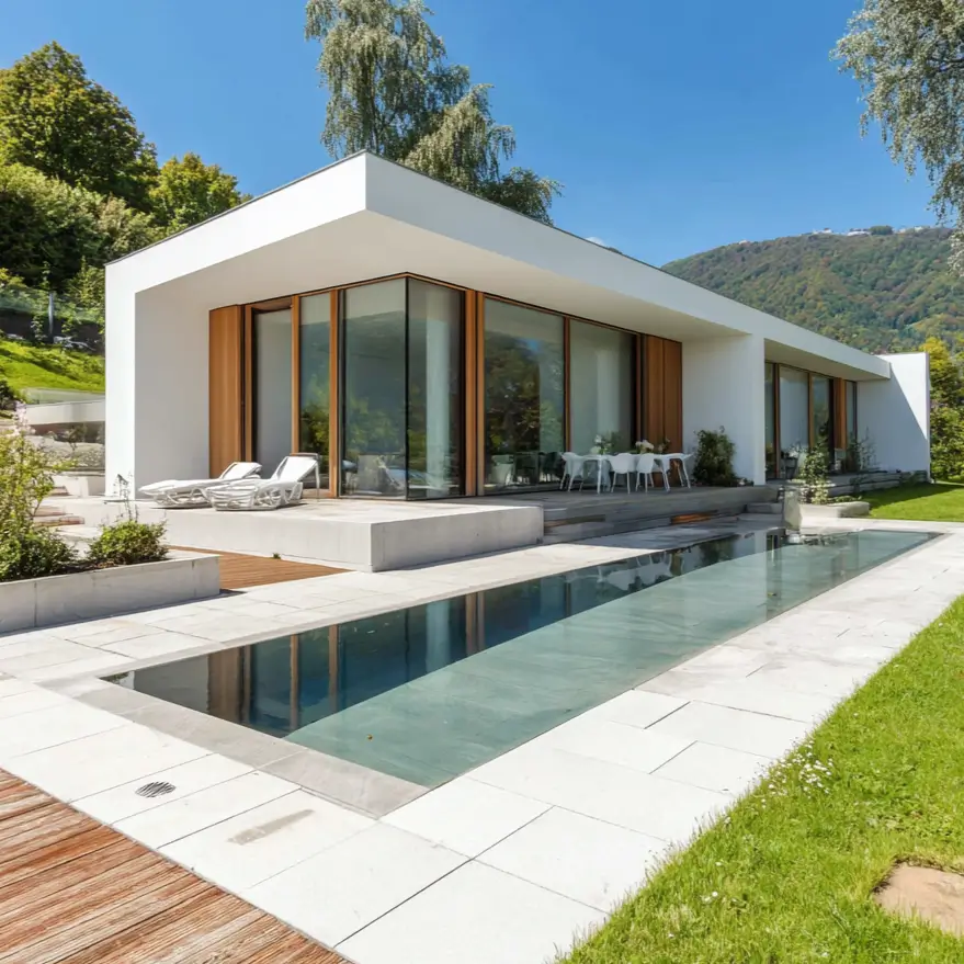 37 Mid Century Modern House Exteriors to Inspire Your Renovation 12 A modern, minimalist house inspired by mid-century design, with a flat roof, glass walls, and a lap pool.
