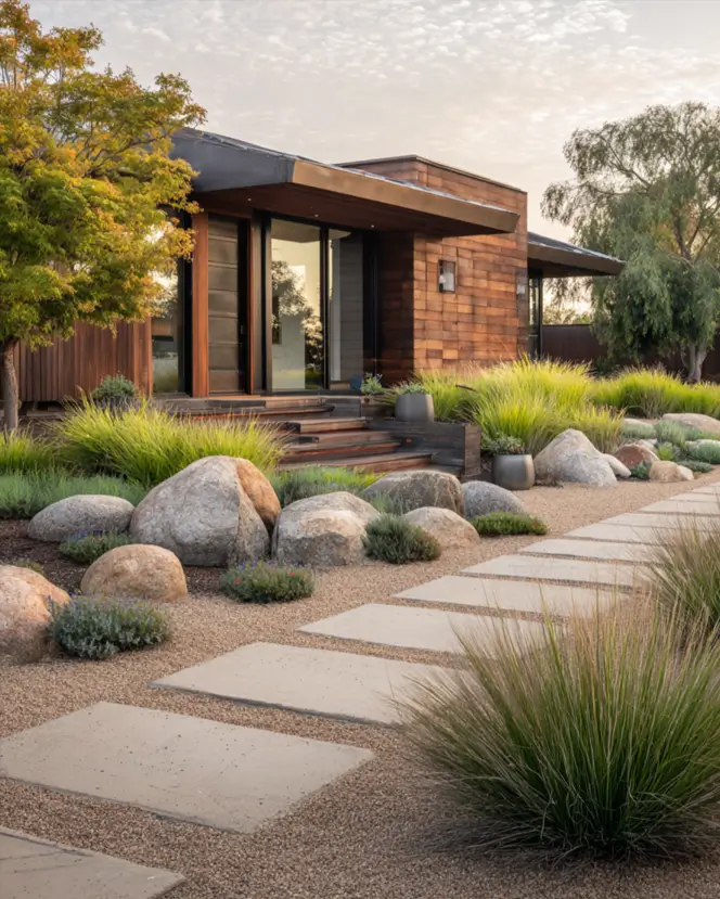 A modern desert ranch with natural wood siding and xeriscape landscaping with boulders.