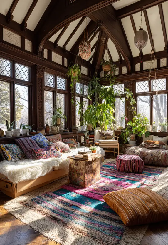 Modern Tudor Interior Design: A Definitive Guide 12 A bohemian-style sunroom with ornate Tudor wood beams and leaded-glass windows, filled with plants and colorful textiles.