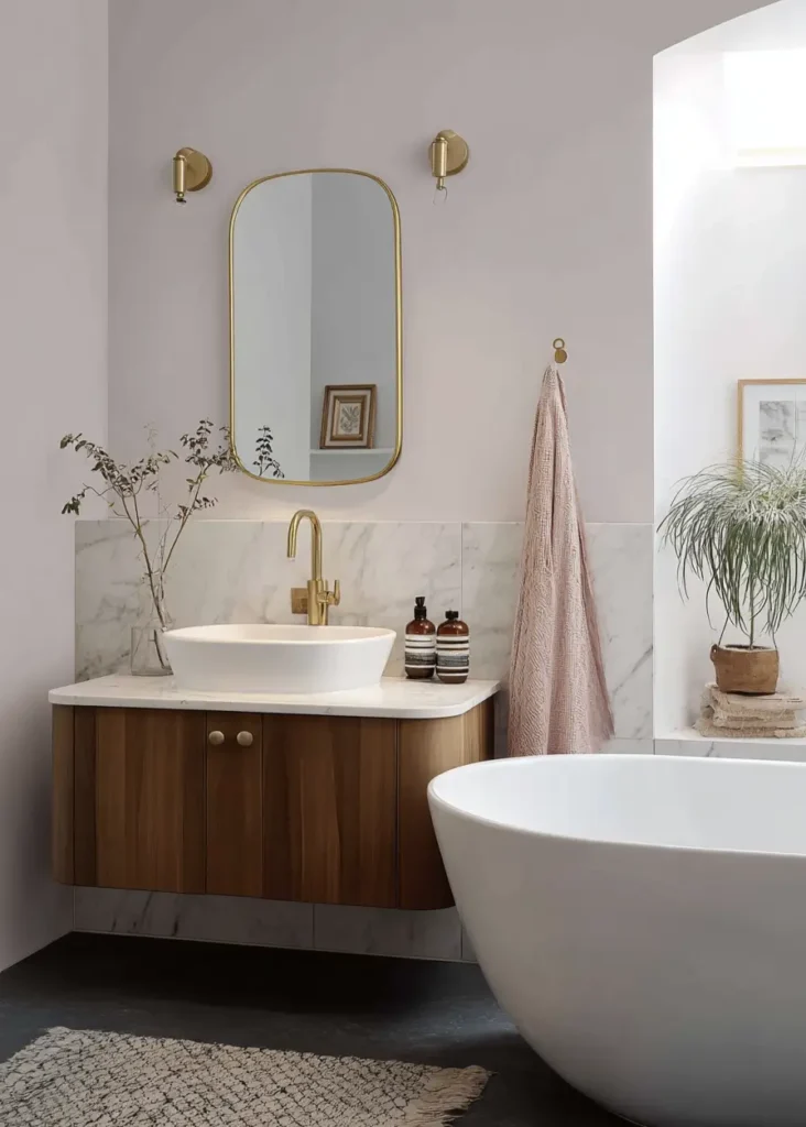 46 Scandinavian Bathroom Design Ideas for a Serene Sanctuary 12 Curved wooden vanity with brushed gold faucet and mirror in a soft white Scandinavian bathroom.