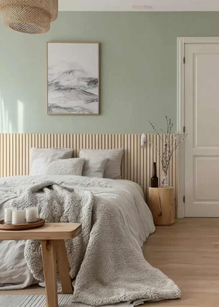 47 Scandinavian Bedroom Interior Design Ideas for a Serene Retreat 12 Scandinavian design bedroom with a sage green wall, a wood slat headboard, and layered grey bedding.