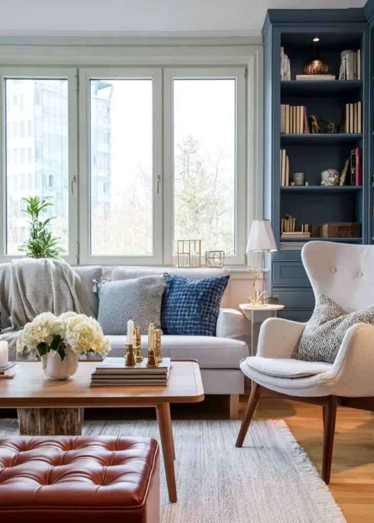 35 Scandinavian Living Room Ideas for a Cozy, Minimalist Home 12 Blue built-in shelving unit filled with books in a cozy Scandinavian living room with grey wingback chair.