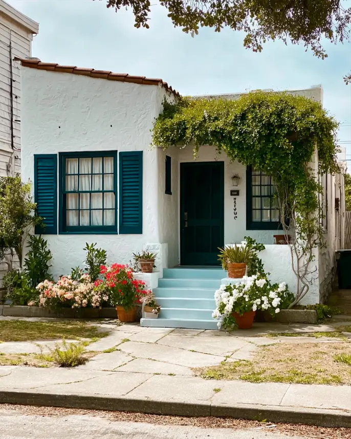 38 Small Mediterranean-Style Homes That Define Coastal Charm 12 White cottage exterior with dark teal shutters, sky-blue steps, and climbing ivy over the entry canopy.