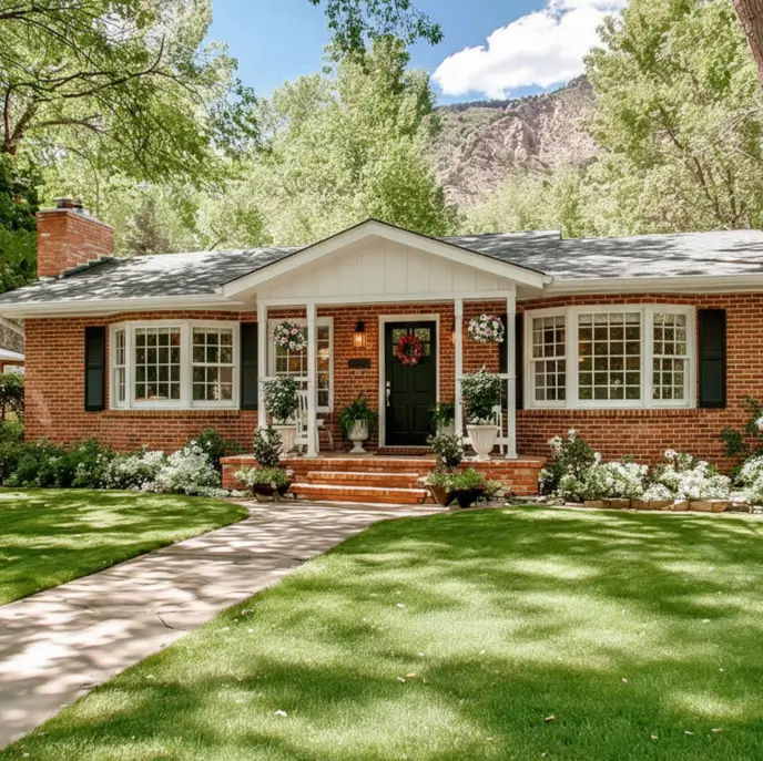 Classic red brick ranch house with a white portico and black door.