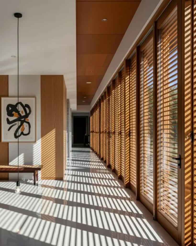 A long Japandi hallway where wooden louvered doors cast dramatic linear shadows across a polished floor.
