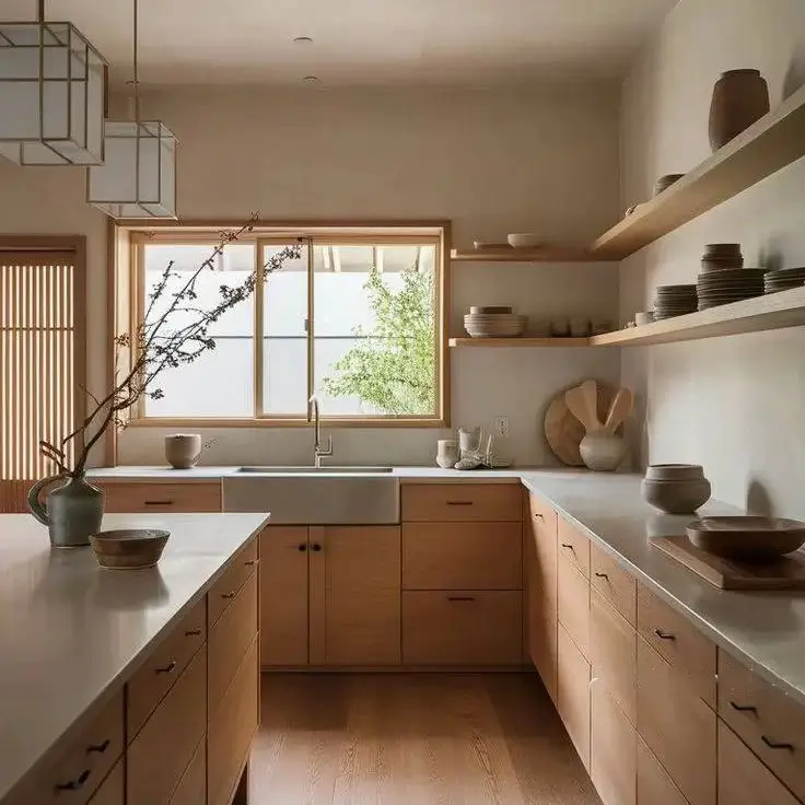 A Japanese style kitchen with light wood cabinets, open shelves holding ceramic pottery, and lantern pendant lights.