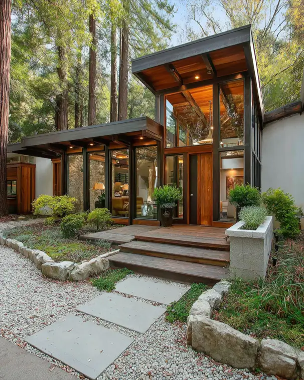 37 Mid Century Modern House Exteriors to Inspire Your Renovation 13 A mid-century modern house exterior in a redwood forest, featuring a post-and-beam structure and floor-to-ceiling glass.