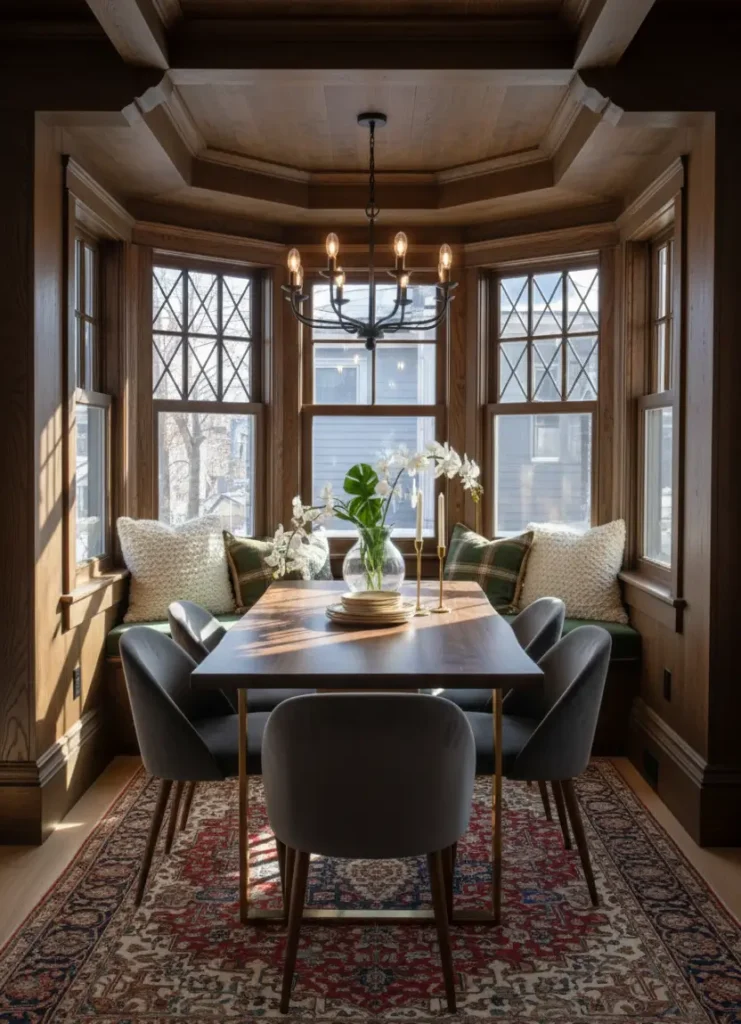 Modern Tudor Interior Design: A Definitive Guide 13 A modern Tudor dining nook with dark wood paneling and leaded-glass bay windows, contrasted by modern velvet chairs.