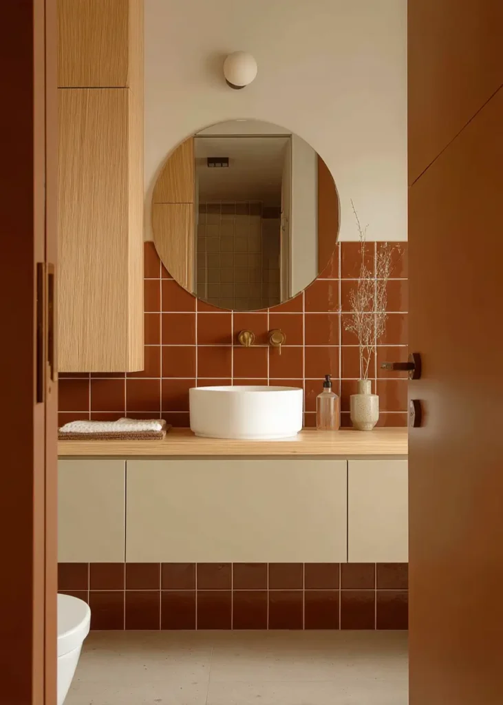 46 Scandinavian Bathroom Design Ideas for a Serene Sanctuary 13 Burnt orange square wall tiles behind a round mirror and white vessel sink in a modern bathroom.