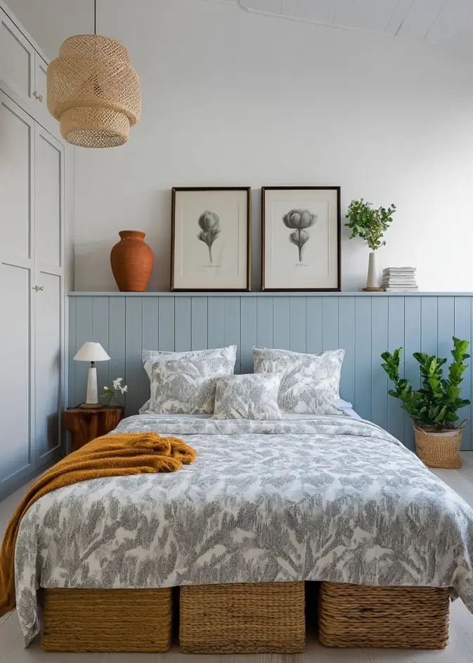 47 Scandinavian Bedroom Interior Design Ideas for a Serene Retreat 13 Scandinavian design bedroom featuring blue beadboard paneling, a picture ledge with art, and woven storage baskets.