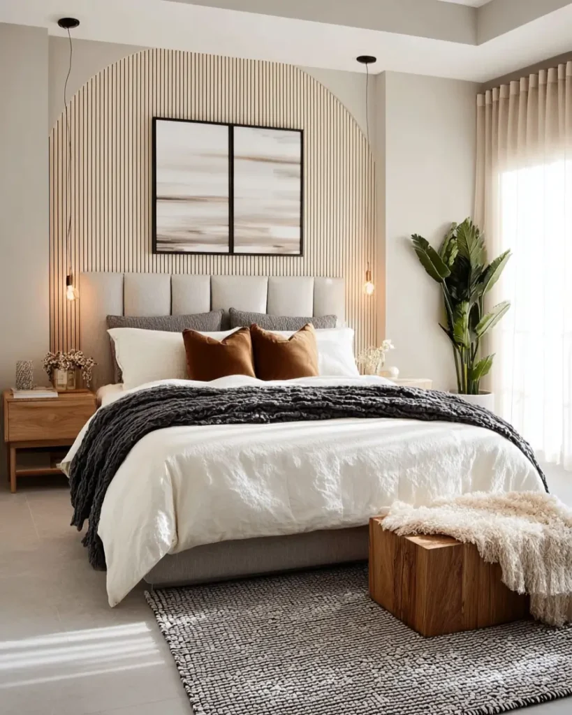 A contemporary Scandinavian inspired bedroom with an arched wood-slat feature wall, neutral bedding, and layered textures.