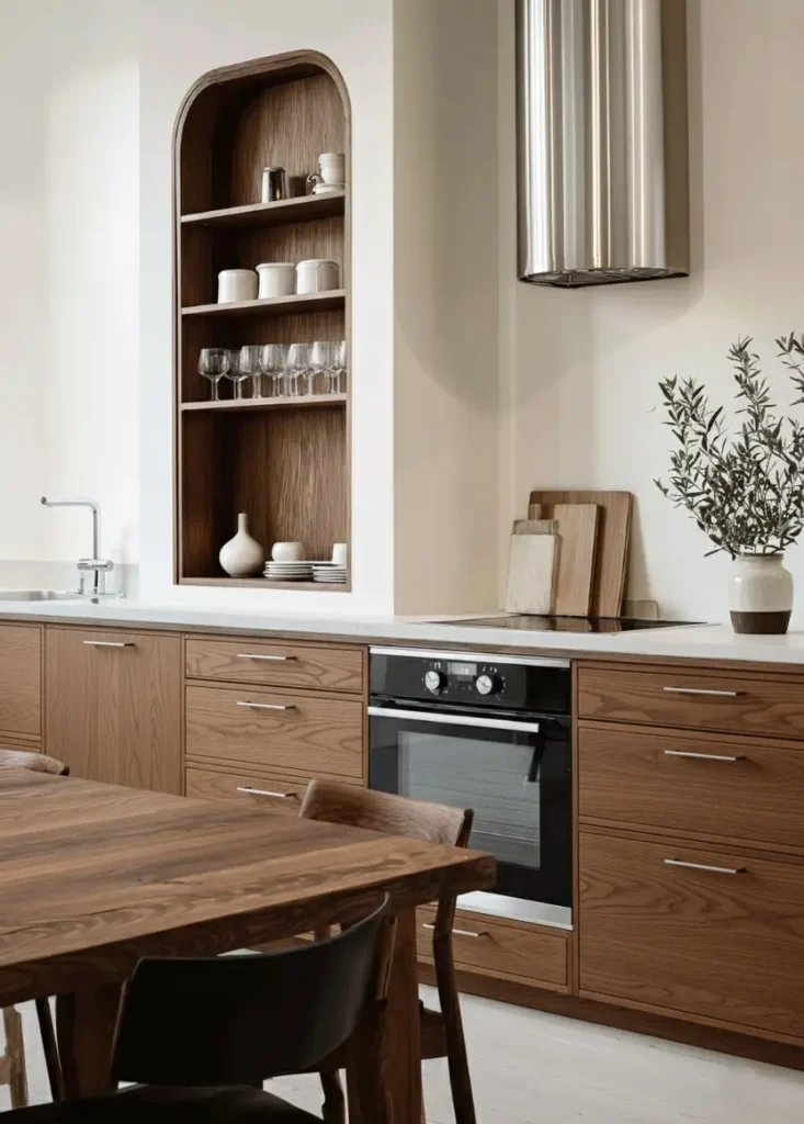Scandinavian kitchen ideas featuring integrated walnut niche and stainless steel extractor.