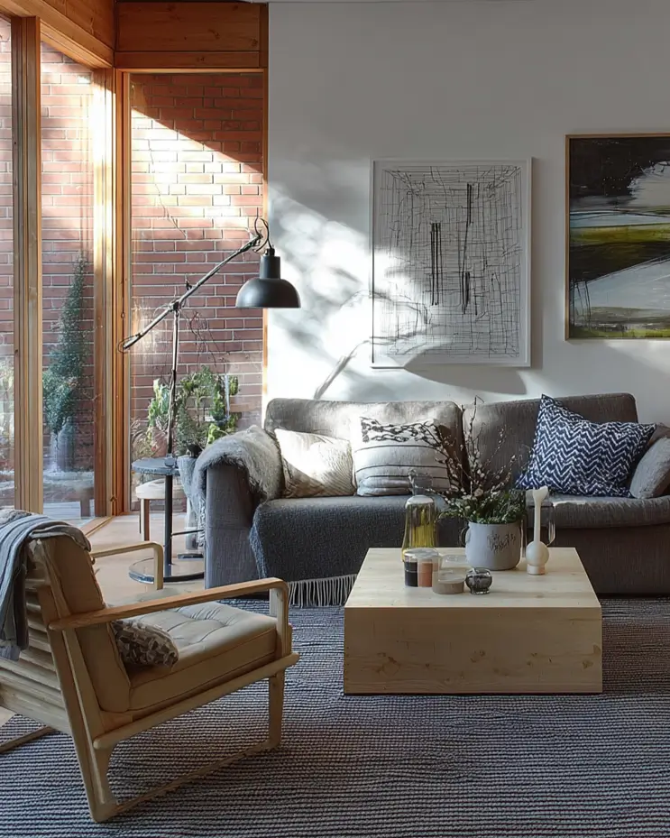 35 Scandinavian Living Room Ideas for a Cozy, Minimalist Home 13 Chunky raw timber coffee table adding organic texture to a sunlit Scandinavian living room with grey sofa.