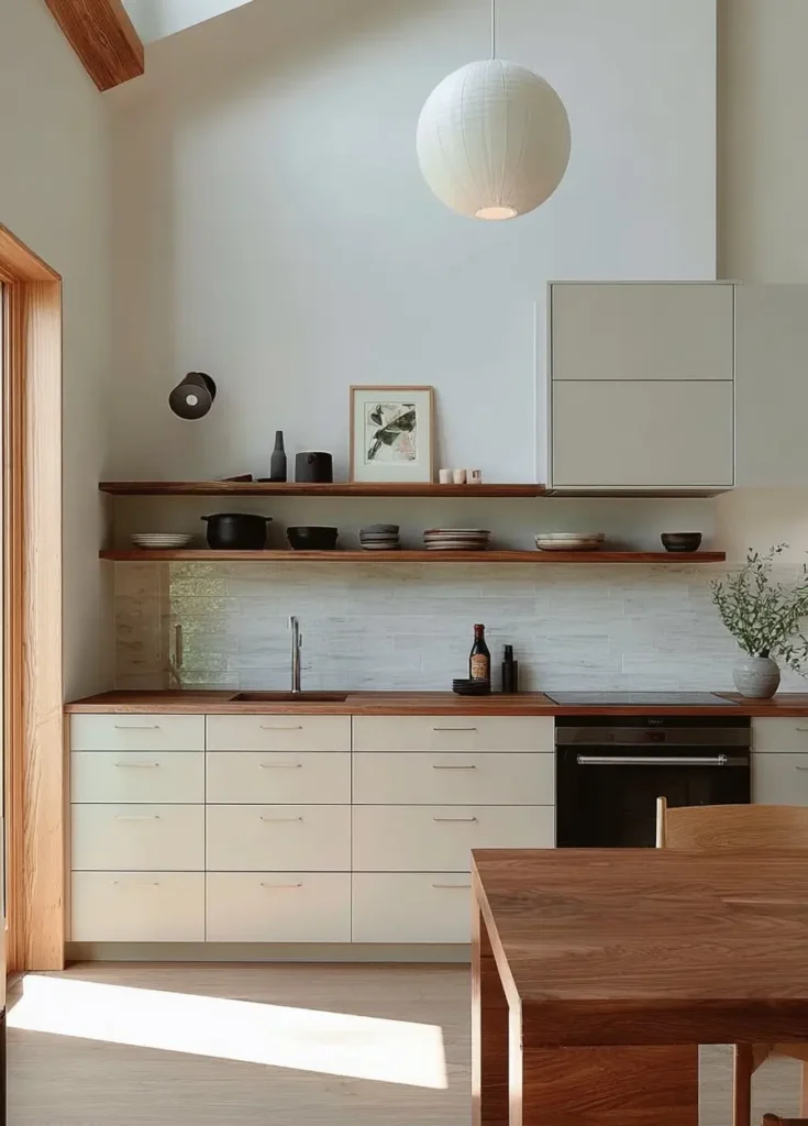 Contemporary Scandinavian kitchen with floating walnut shelves and white drawers.