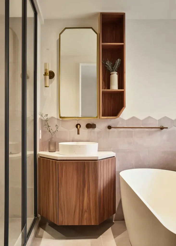46 Scandinavian Bathroom Design Ideas for a Serene Sanctuary 14 Corner wooden vanity with hexagonal wall tiles and brass mirror in a compact bathroom.