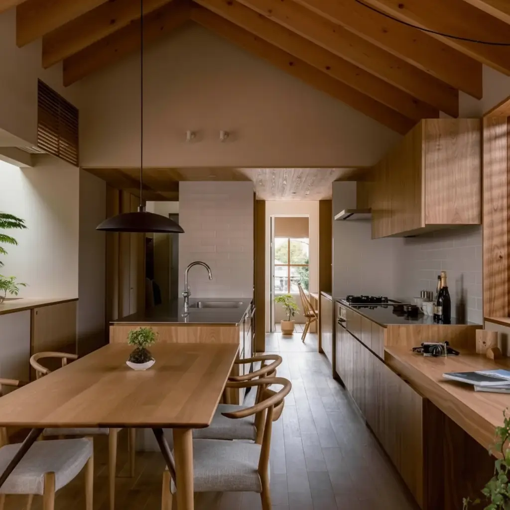 A spacious Japanese kitchen design with a vaulted wood ceiling and matching light wood cabinetry and dining table.