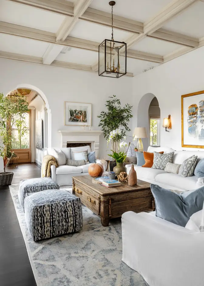 46 Modern Mediterranean Living Room Design Ideas 14 Bright Mediterranean living room with painted coffered ceiling and white slipcovered sofas.