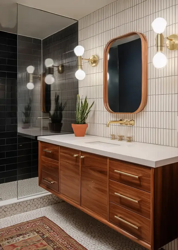 43 Mid Century Modern Small Bathroom Ideas for a Timeless Oasis (2025) 14 Walnut vanity with vertical white tiles and black shower walls in a compact bathroom.