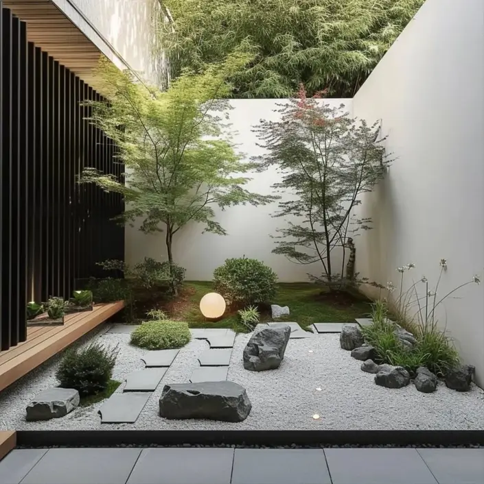 Minimalist zen courtyard with a slate paver path, Japanese maples, and modern lighting.