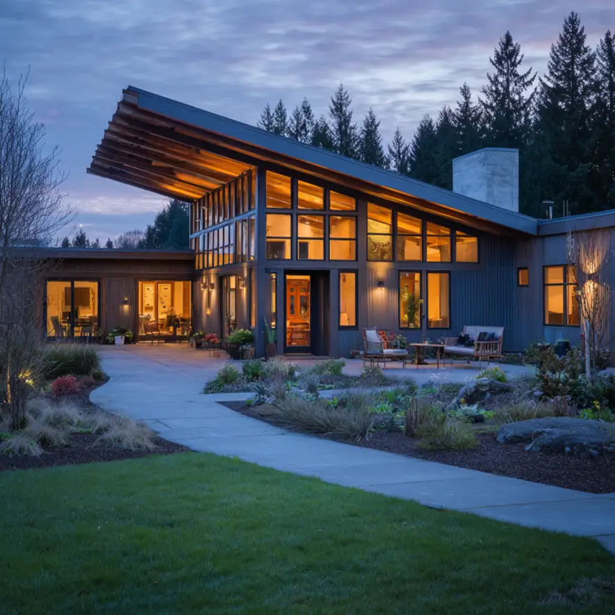 A modern ranch home at twilight with a dramatic angled shed roof and glowing interior.