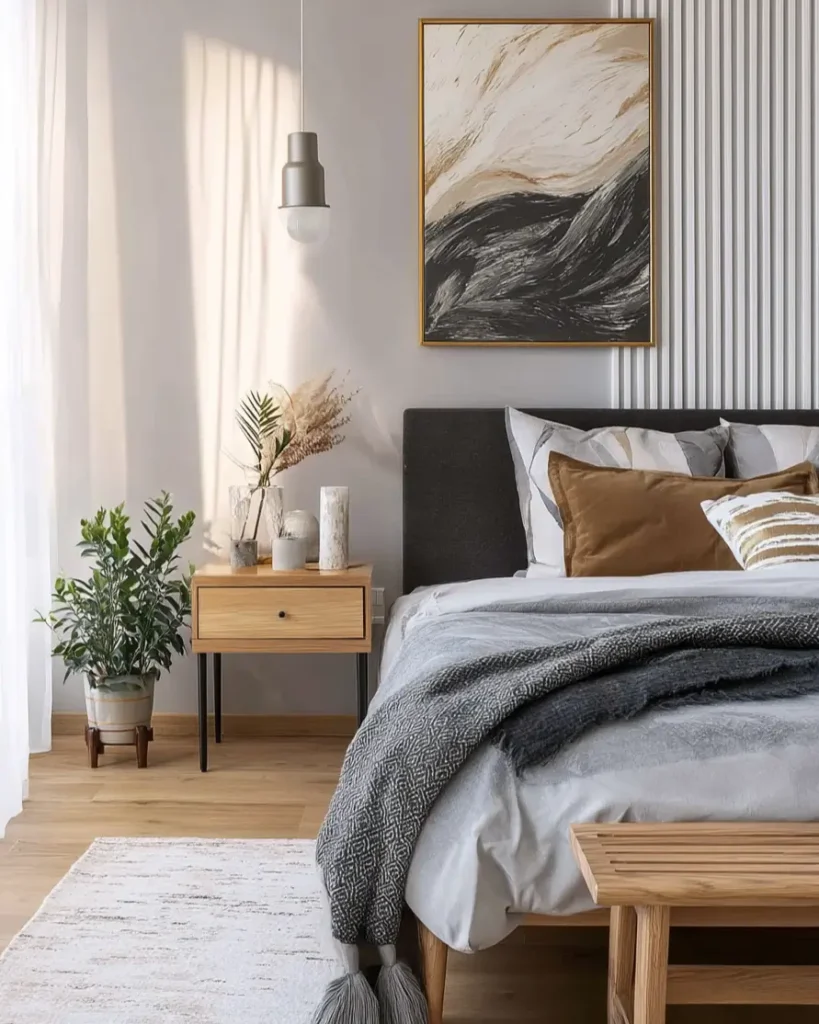 47 Scandinavian Bedroom Interior Design Ideas for a Serene Retreat 14 A modern Scandinavian bedroom with a white vertical slat accent wall, a grey upholstered bed, and abstract art.