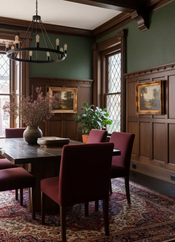 Modern Tudor Interior Design: A Definitive Guide 14 A moody Tudor dining room featuring dark wood wainscoting, deep green walls, and rich burgundy dining chairs.