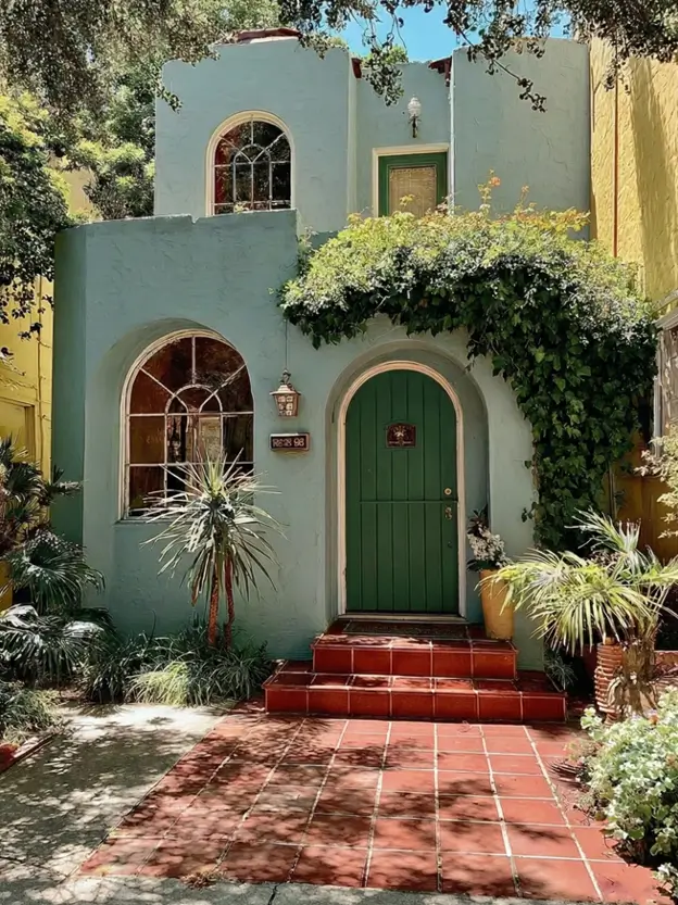 38 Small Mediterranean-Style Homes That Define Coastal Charm 14 Sage green stucco small Mediterranean home exterior showing arched windows, terracotta steps, and rich climbing greenery.