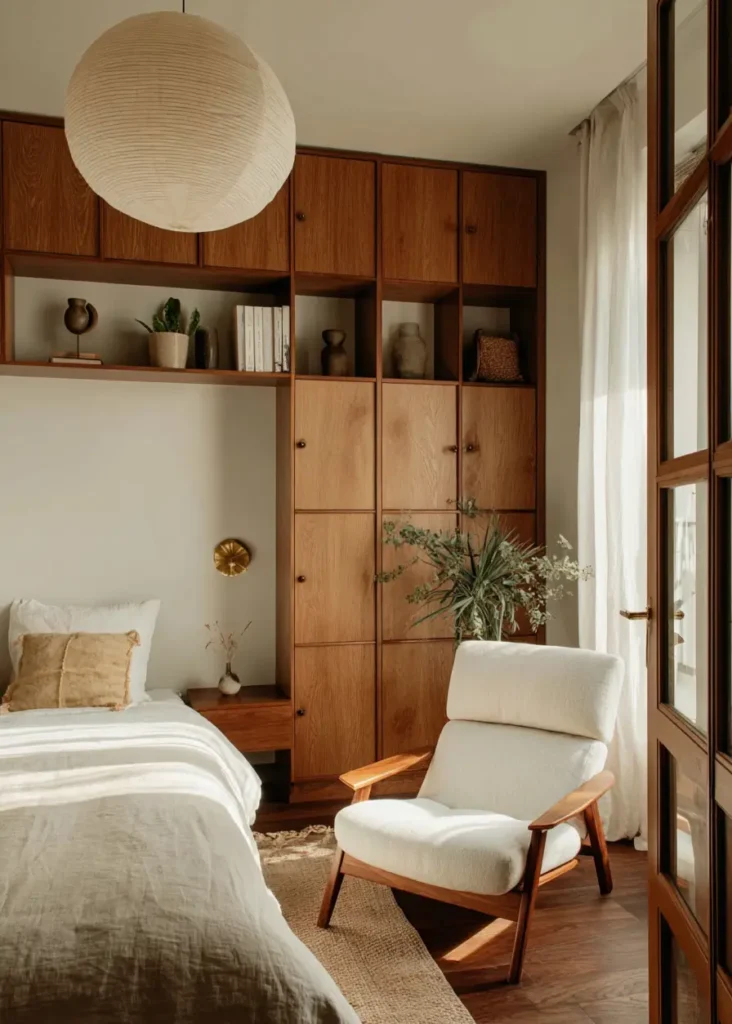 A contemporary Scandinavian bedroom with a mid-tone wood built-in wardrobe, a large paper lantern, and a cream armchair.