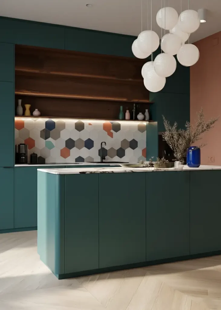 Contemporary Scandinavian kitchen with teal cabinets and colorful hexagonal backsplash tiles.